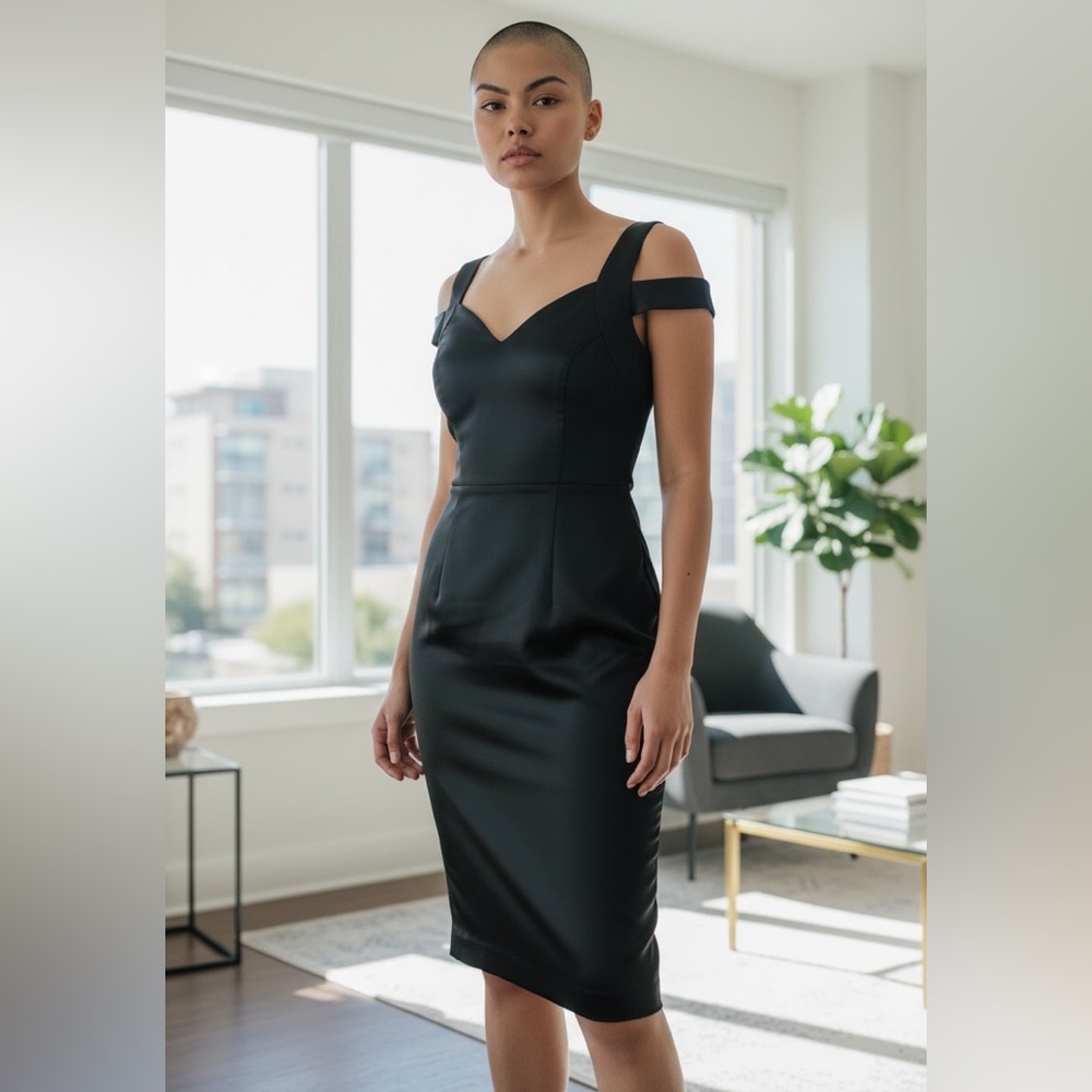 Shoshanna Midnight Satin Midi Dress Black Size 8